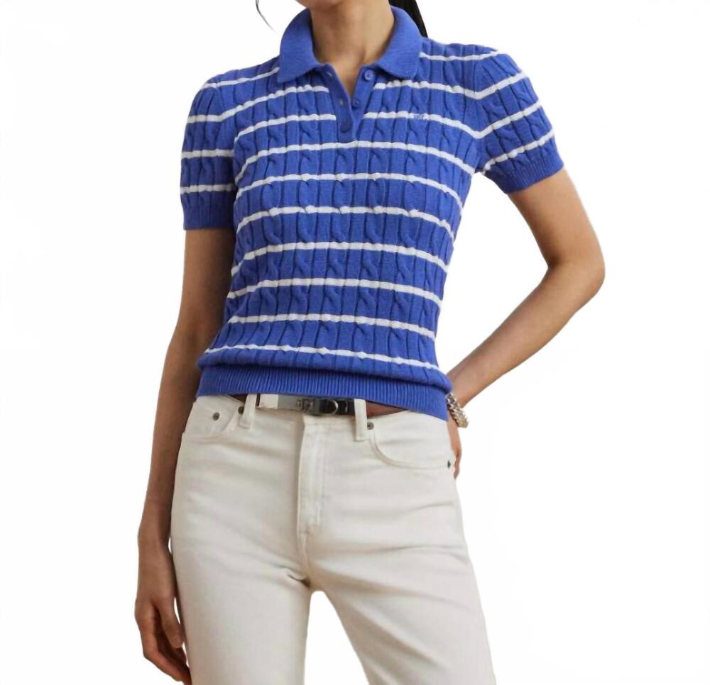 NEW RALPH LAUREN striped cable-knit cotton polo sweater in blue/white